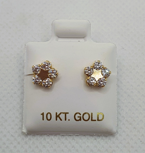 Broquel Oro 10k Flor Con Estrellas Y Zirconias.