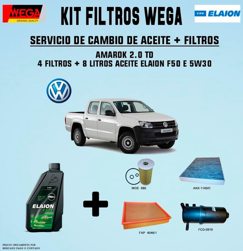 Kit Filtros+aceite  Elaion F50 X8 L Amarok 2,0 2016 C/sensor