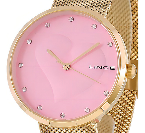 Kit Lince Relogio Feminino Lrgh160l Kp06 Dourado Coraçao 3d Cor do fundo Rosa