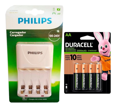 Imagem 1 de 8 de Carregador Philips Com 4 Pilhas Duracell Aa 2500 Recarregav