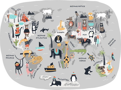 Imagen 3 de 4 de Vinilo Decorativo Infantil Mapa Animales Planisferio 90x120