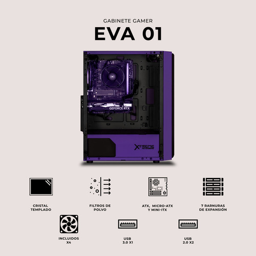 Gabinete Gamer Xtreme Pc Gaming Eva 01 Comic Edition Media Torre Atx 4 Fan Argb Cristal Templado Violeta