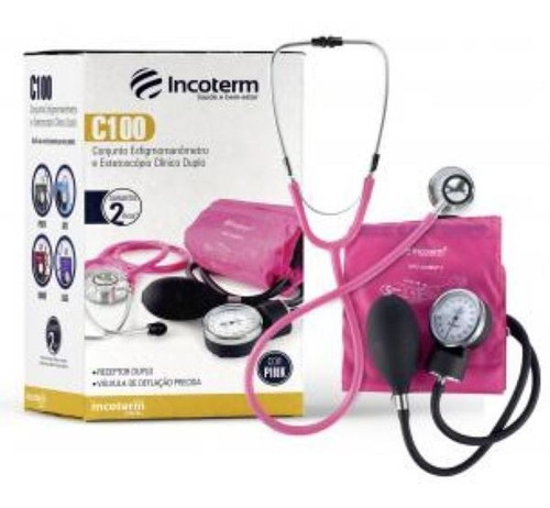 Esfigmomanômetro aneróide Incoterm C100 cor rosa com estetoscópio