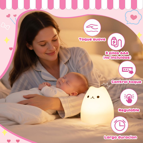 Luz Nocturna Gato Silicona 7 Colours Para Bebé Niño Regalos
