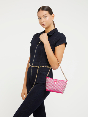 Bolsa Guess Estilo Bucket Mini 100% Original Nueva Magenta Dorado Brillante
