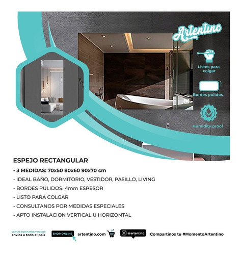 Imagen 2 de 10 de Espejo Pared Rectangular Baño Living 80x60 Listo Colgar 4 Mm
