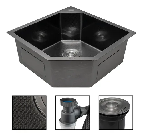 Lavaplatos Esquinero Negro 50x50cm Acabado Anti-rayones Inox