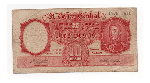 Billete Argentina 10 Pesos Moneda Nacional Bottero 1959