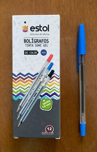 Boligrafos Tinta Semi Gel Azul, Caja X 12 Unid, Marca Estol