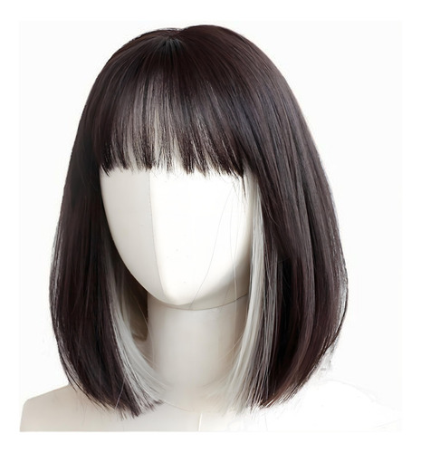 Peluca corta bob con flequillo negra recta con reflejos blancos pelucas sintéticas para mujer