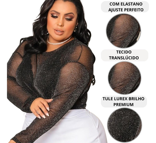 Blusa Plus Size Brilhosa Transparente Em Lurex Premium