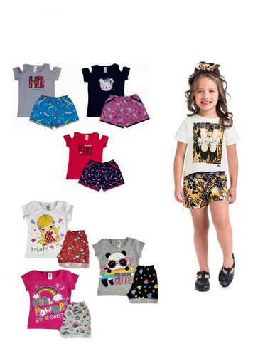 Kit 8 Blusas + 8 Shorts Infantil Meninas Estampada Barato D+