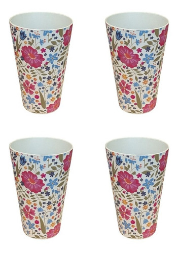 Set X 4 Vasos Bamboo Decorado 400ml Agua Jugos Bebidas