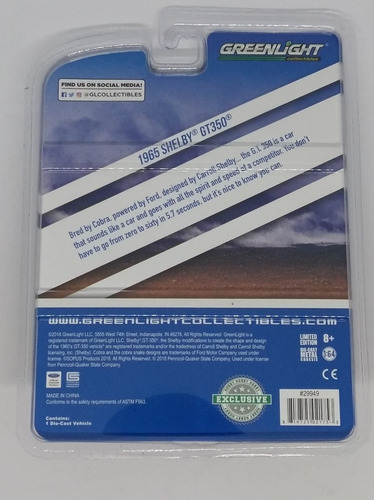 Greenlight G.t. 350 1965 Shelby Gt350 Hobby Exclusive 1:64