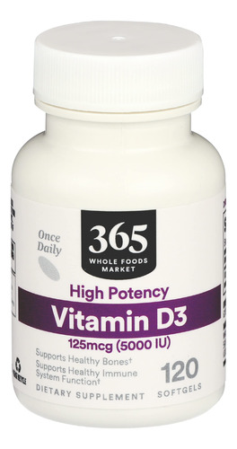 365 By Whole Foods Market, Vitamina D3 5000 Ui, 120 Capsulas