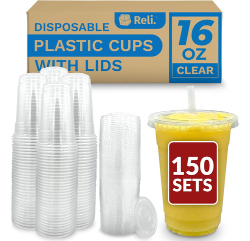 Reli. Vasos De Plástico Con Tapa, 16 Oz (150 Juegos A Granel