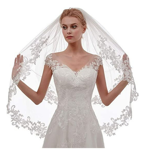 A Velo De Novia Corto De Encaje De 2 Niveles Para Mujer Con