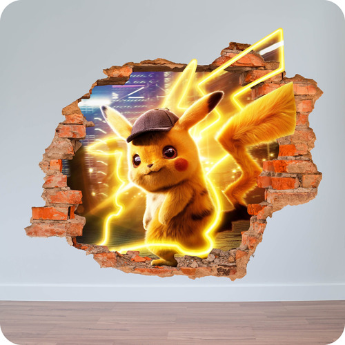 Vinilo Pared Rota 3d Pokemon Pikachu 100x100