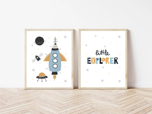 Set X2 Cuadros Infantiles 33x43 Cm. Cohete Astronauta Naves 