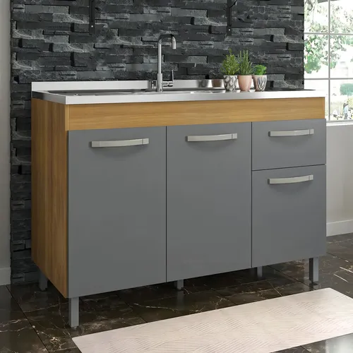 Balcão Cozinha Fiorello Home 120cm Freijó Grafite Gaveta 3 Portas / Nao Incluso A Pia