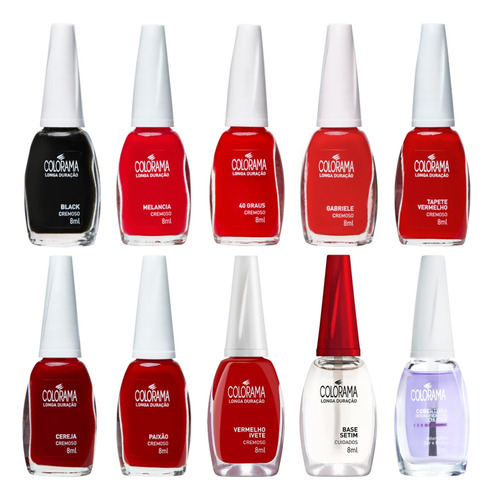 Kit Esmalte Colorama 8 Tons Vermelho + Base + Extra Brilho