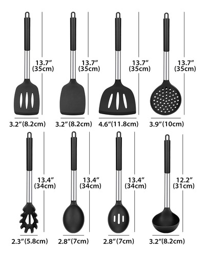 Juego 8 Utensilios Silicona Antiadherente Mango Acero Inoxid