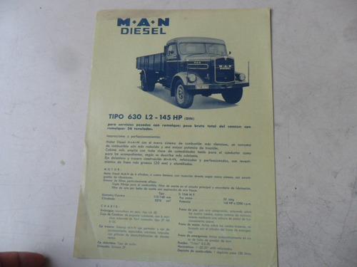 Folleto Man M.a.n Antiguo Camion Tipo 630 Diesel No Manual 