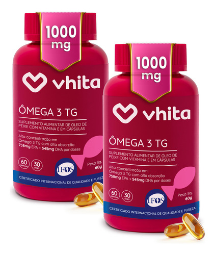 Ômega 3 Tg 1000mg Vhita 60 Cápsulas Selo Ifos Sem Sabor 2 Potes