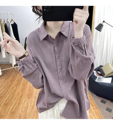 Camisa De Manga Larga Con Encaje Y Algodón Para Mujer