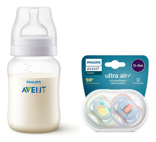 Mamadera Avent Classic ® Anticolicos 260ml 2 Chupetes 0 6m Varon