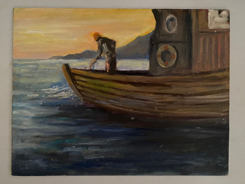 Cuadro Al Óleo: Pescador Al Amanecer. Madera, 27x35cm