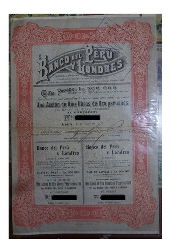 Bono Banco Del Perú Y Londres 10 Libras De Oro Año 1907