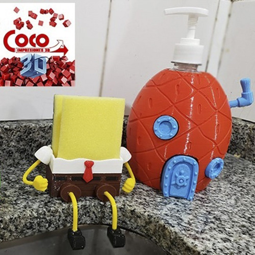 Combo Porta Esponja Bob + Piña Casa Dispenser Detergente 3d