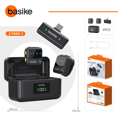 Microfone Sem Fio Basike Mini para iPhone/iPad/Android - 30m Alcance Estável, 10h Bateria com Case de Carregamento Portátil, Clip Prático para YouTube/TikTok/Gravações em Movimento