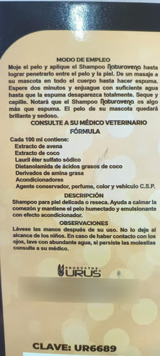 Shampoo Para Perro Naturavena 10 Litros Urus Ur6689