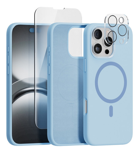 Kit Funda Para Iphone Magsafe + Mica Pantalla + Mica Camara Azul Celeste Iphone 15 Promax