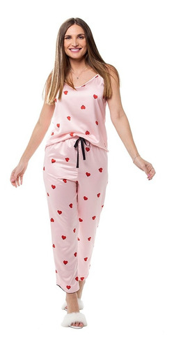 Pijama Rosa Com Calça E Regata De Alças Coração