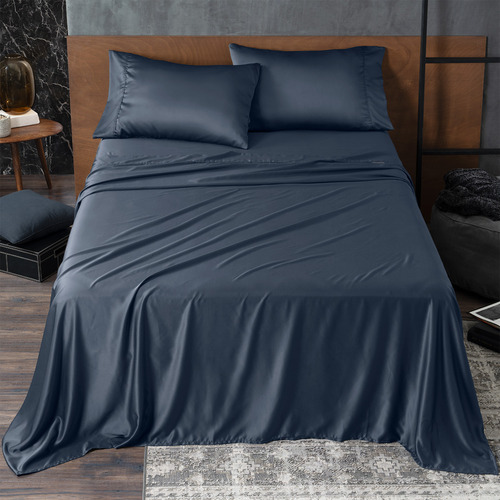 Real Textil sábanas de satín individual lujosa y sedosa con funda de almohada elegante para todo el año color azul naval