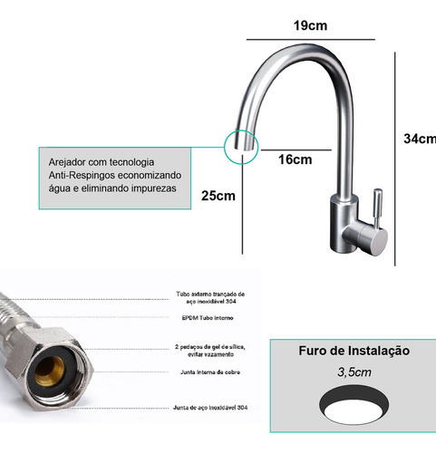 Torneira Para Cozinha Pia Furo 3,5 Alta Inox Bico Alto Móvel Monocomando Decada Flexível Compativel Com Pias Docol Dk-29 Via Flix Aço Escovado