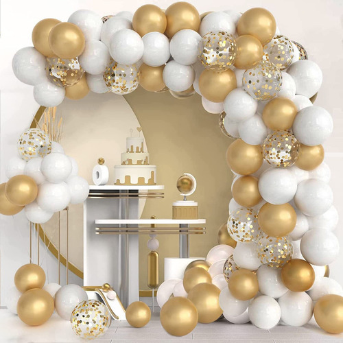 60 Kit Globos Metalicos Blanco Dorados Decoración Cumpleaños