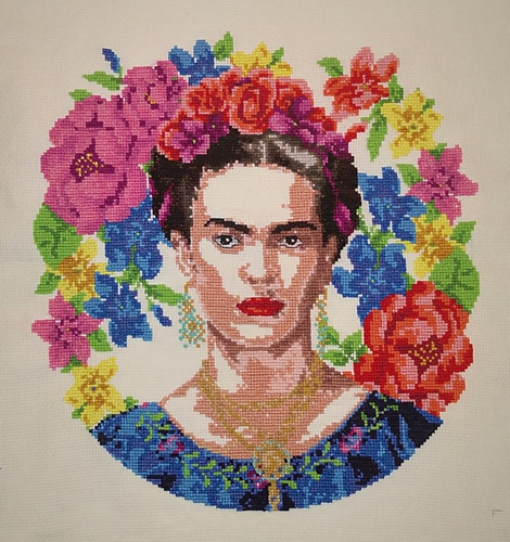 Frida Kahlo Con Flores Bordado En Punto De Cruz