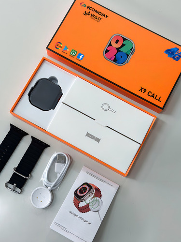 Smartwatch X9 Call 4g Internet Chip Wifi Gps Tiktok Caixa Titânio Pulseira Laranja E Preto Bisel Titânio Desenho Da Pulseira Ocean