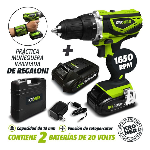 Taladro Percutor 13mm Inalámb 20v Kroner (2 Bat + Muñequera) Color Verde lima Frecuencia 60Hz