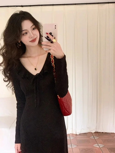 Vestido De Punto Con Cuello En V Y Volantes En La Cintura Pa