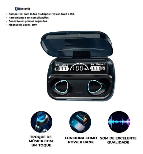 Fone De Ouvido Bluetooth Tws M10 C/ Power Bank 2000mah