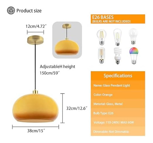 Qepeety Lámpara Colgante De Cristal Naranja Con Isla De Coci