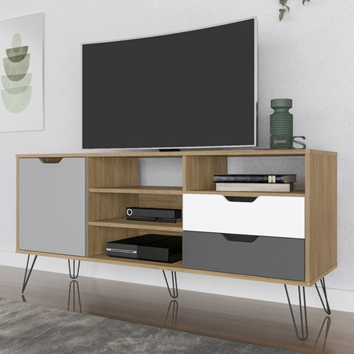 Rack Bancada Tv 60 Pol 140 Cm Grafite Prata Branco Carvalho ARLY