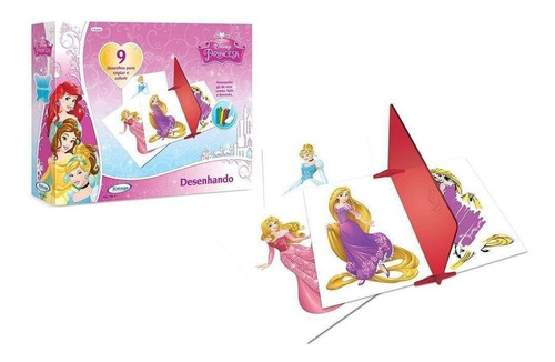 Kit Desenho Com Espelho Princesas Infantil De Colorir Giz 