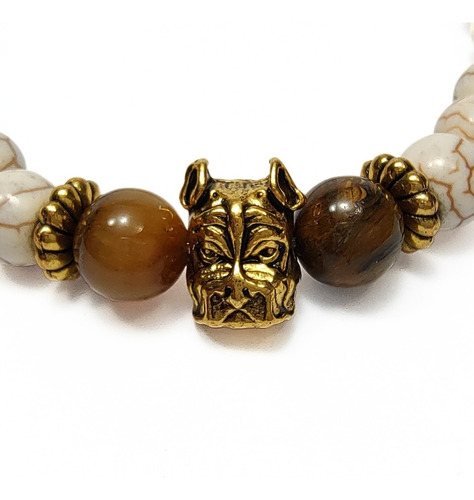 Pulsera De Hombre Con Piedra Ojo De Tigre + Bulldog Oro Ant.