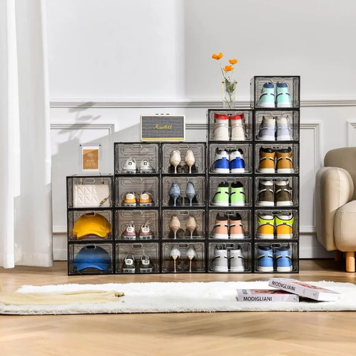 Zapatera Apilable 10 Cajas De Plástico Contenedor Plegable Negro